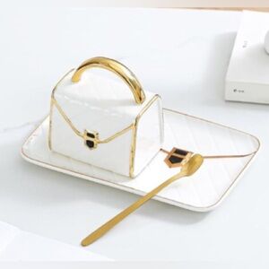 White & Gold Handbag Mug and Saucer With Spoon